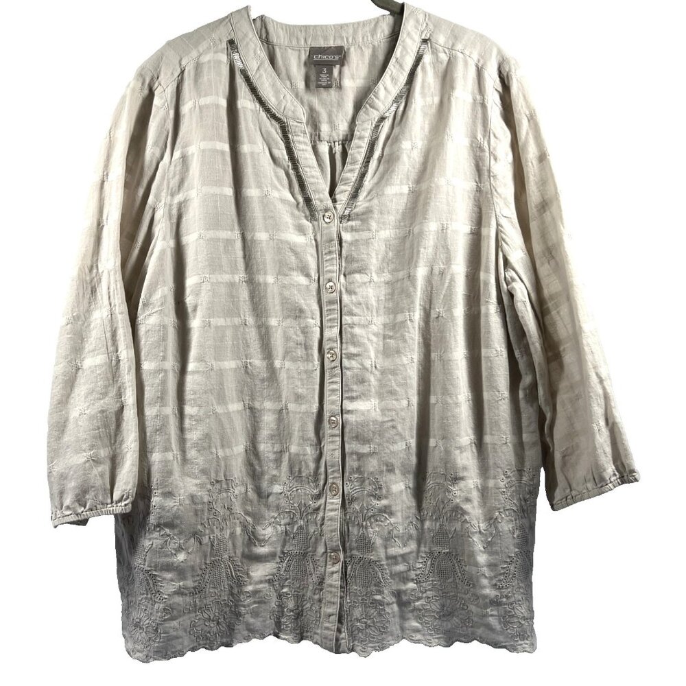 Chicos Women's Top Blouse XL Beige Pullover Embroidered 3/4 Sleeves Beaded Light